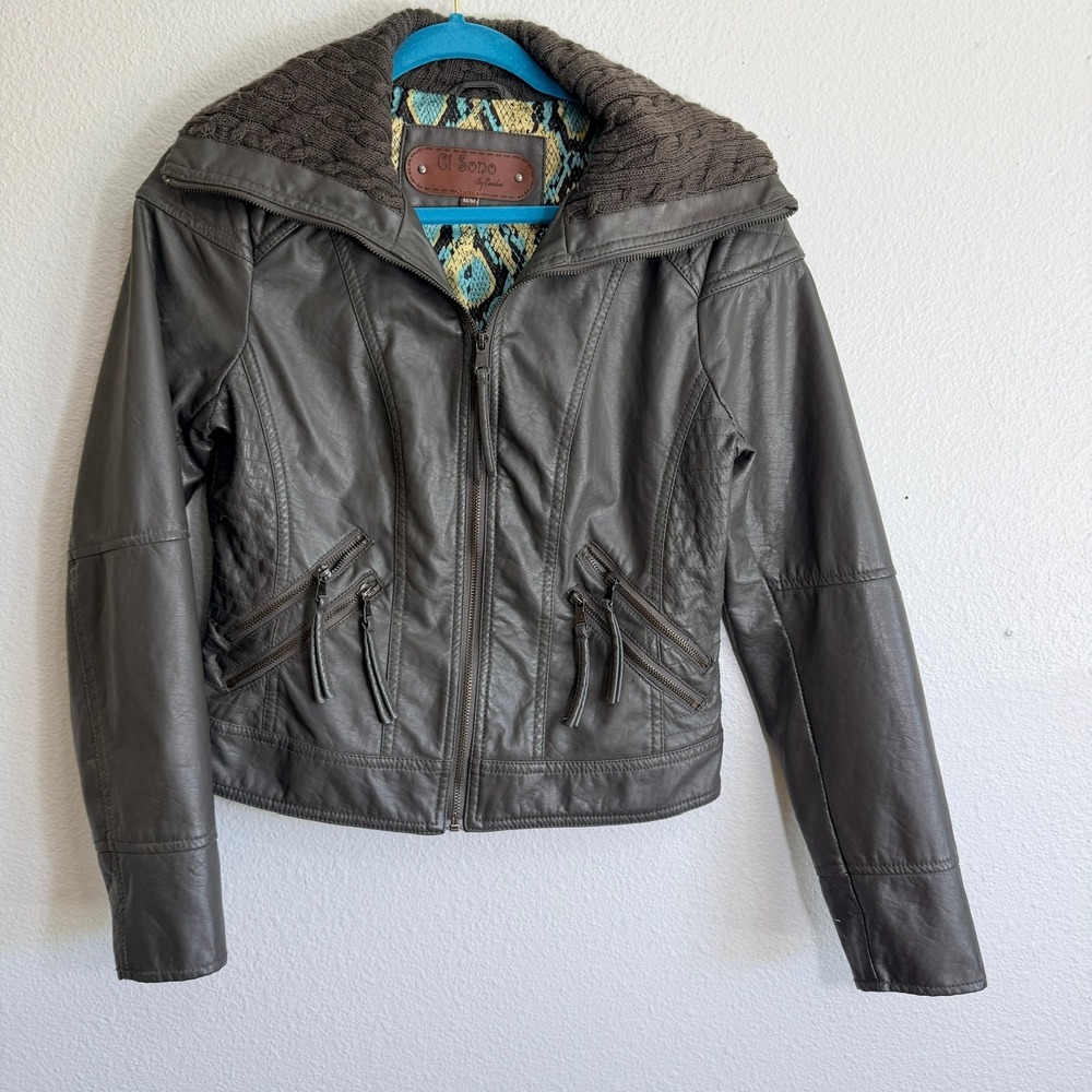 Ci Sono by Cavalini Womens Gray Faux Leather Moto Jacket Knit Collar Size Medium